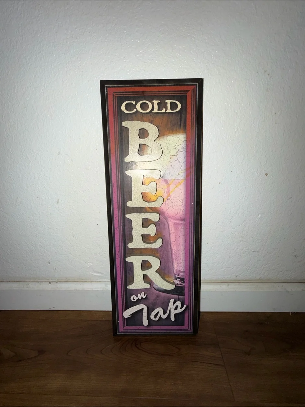 Cold Beer on Tap Wall Sign - Vintage Wood Look in Brown and Cream